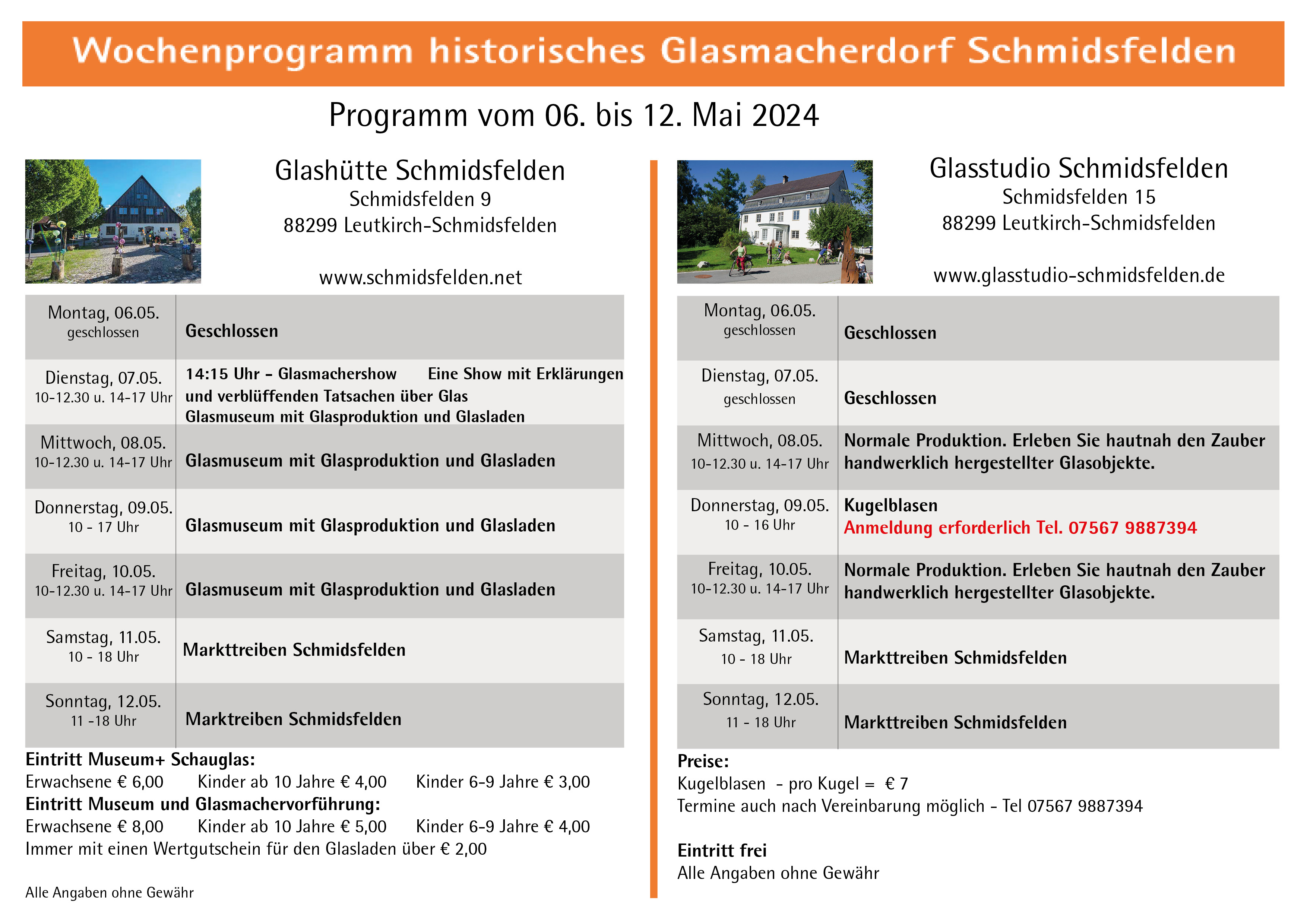 Wochenprogramm Schmidsfelden 06.05. - 12.05.2024