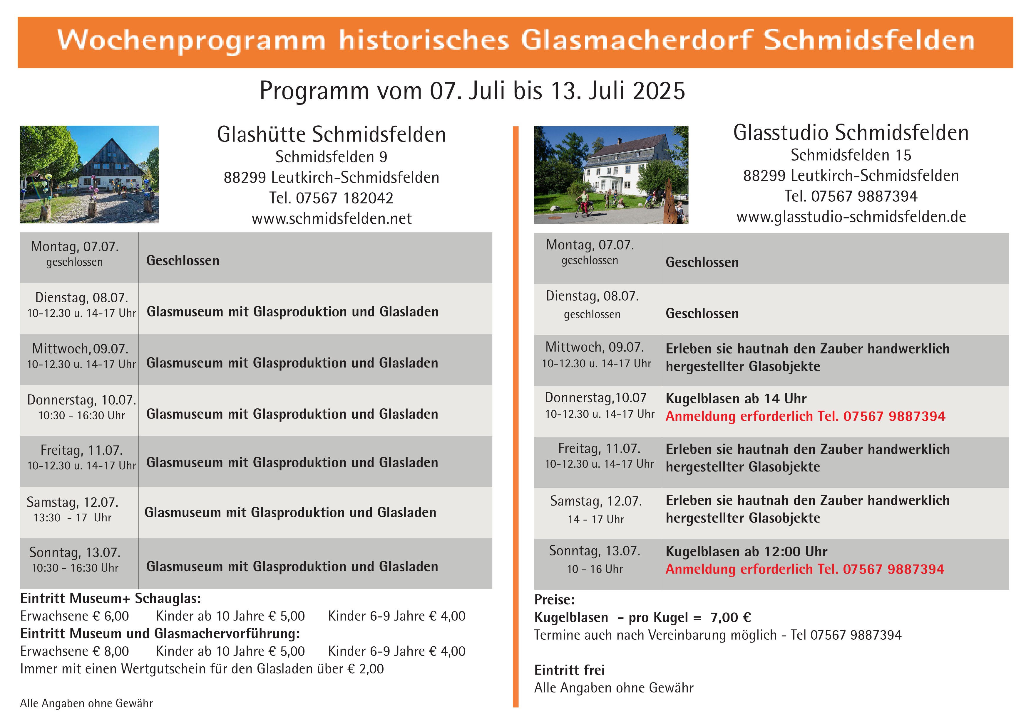 Wochenprogramm Schmidsfelden  07.07. - 13.07.2025