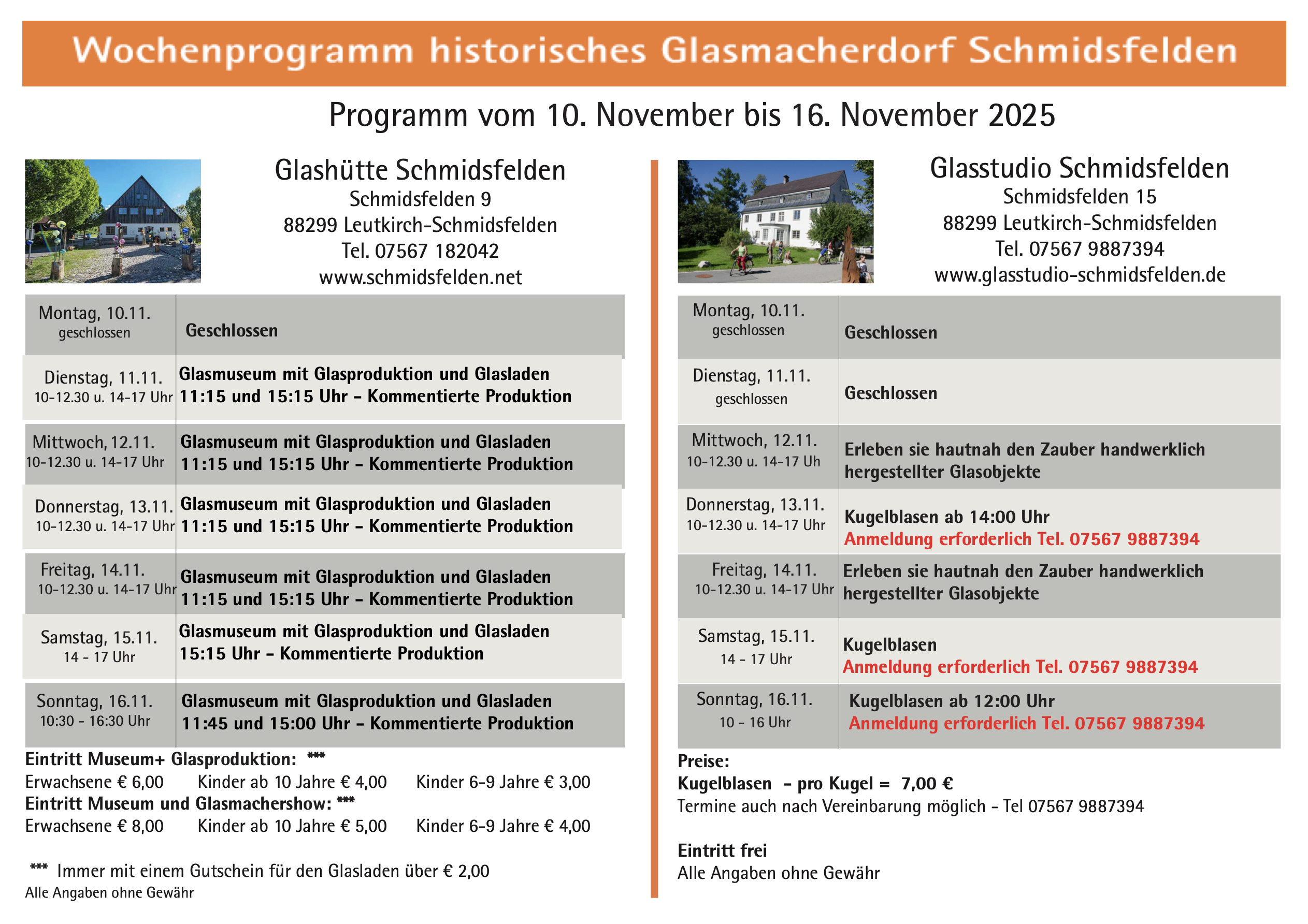 Wochenprogramm Schmidsfelden 10.11. - 16.11.2025
