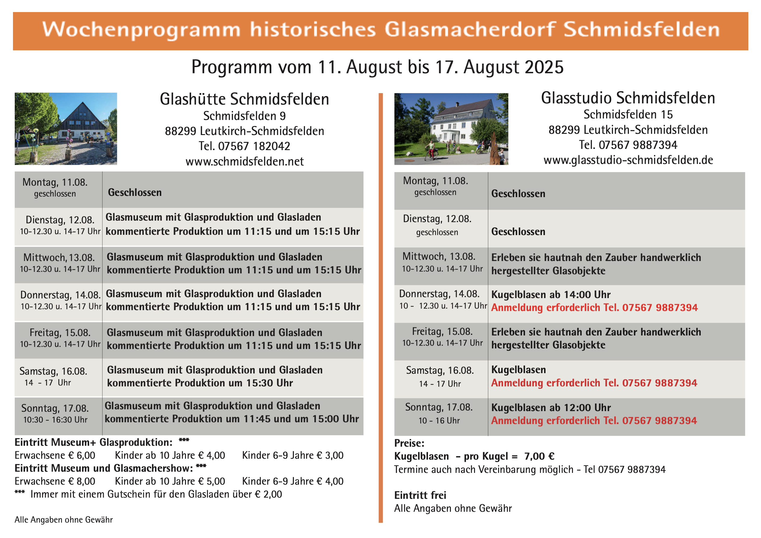 Wochenprogramm Schmidsfelden 11.08. - 17.08.2025