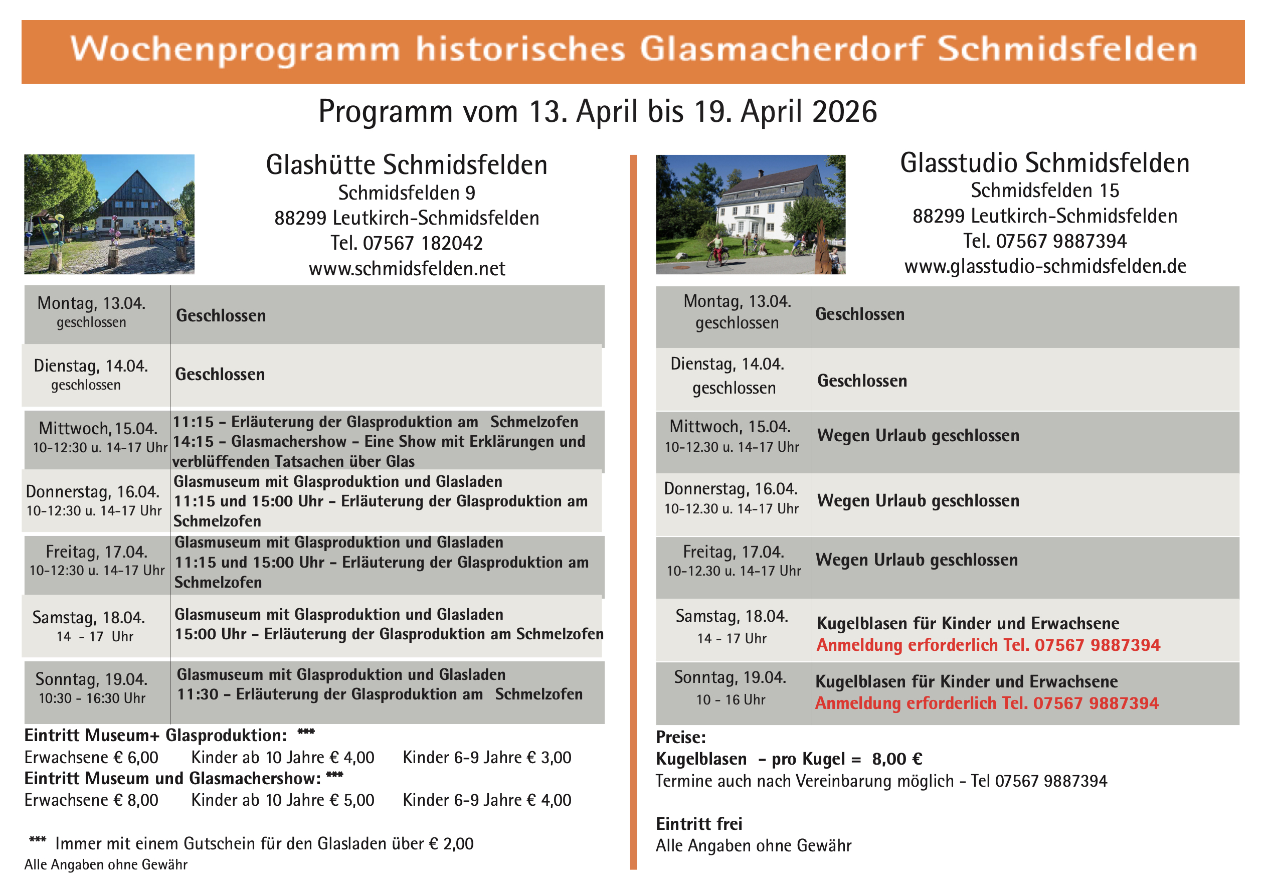 Wochenprogramm Schmidsfelden 13.04. - 19.04.2026