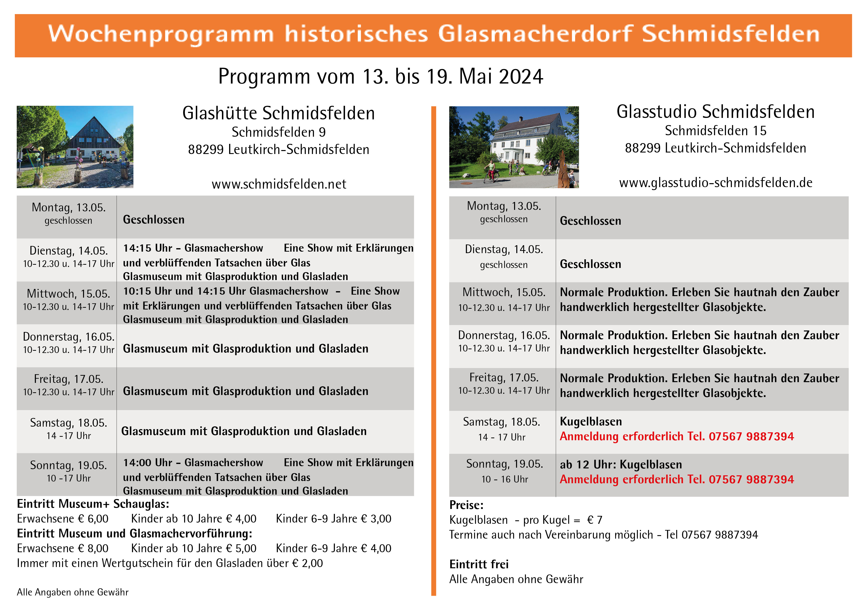 Wochenprogramm Schmidsfelden 13.05. - 19.05.2024