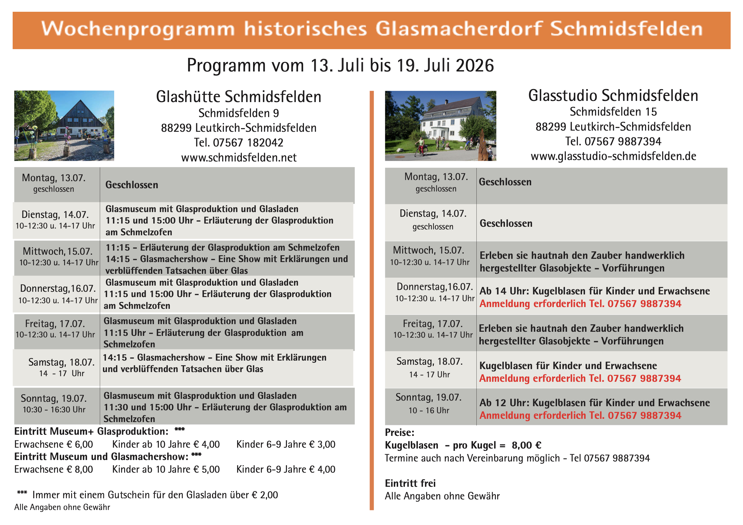 Wochenprogramm Schmidsfelden 13.07. - 19.07.2026