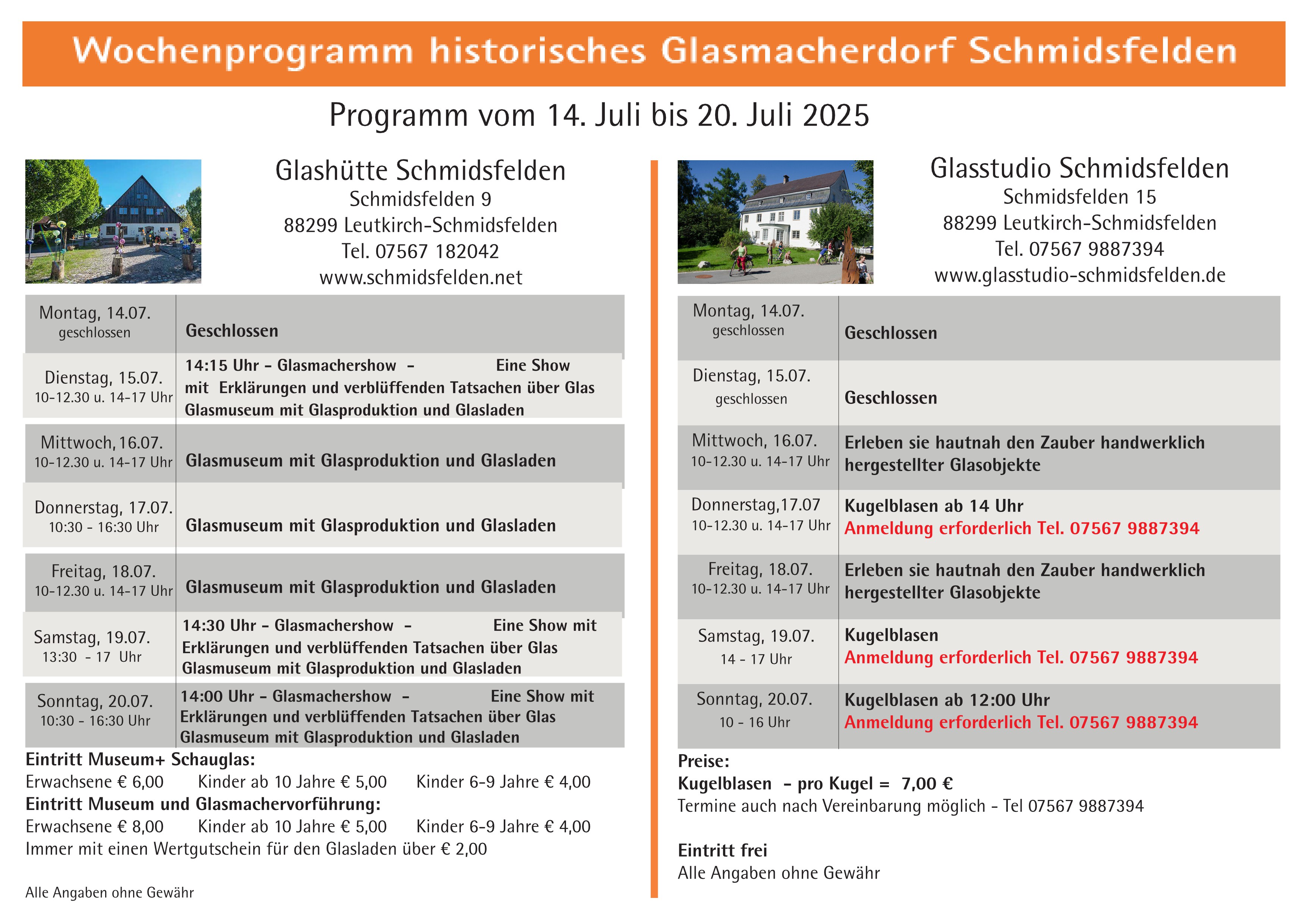 Wochenprogramm Schmidsfelden  14.07. - 20.07.2025
