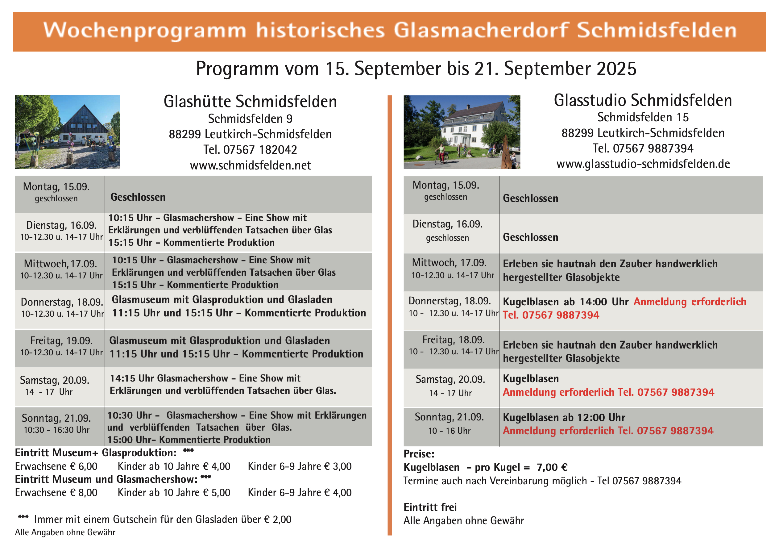 Wochenprogramm Schmidsfelden 15.09 - 21.09.2025