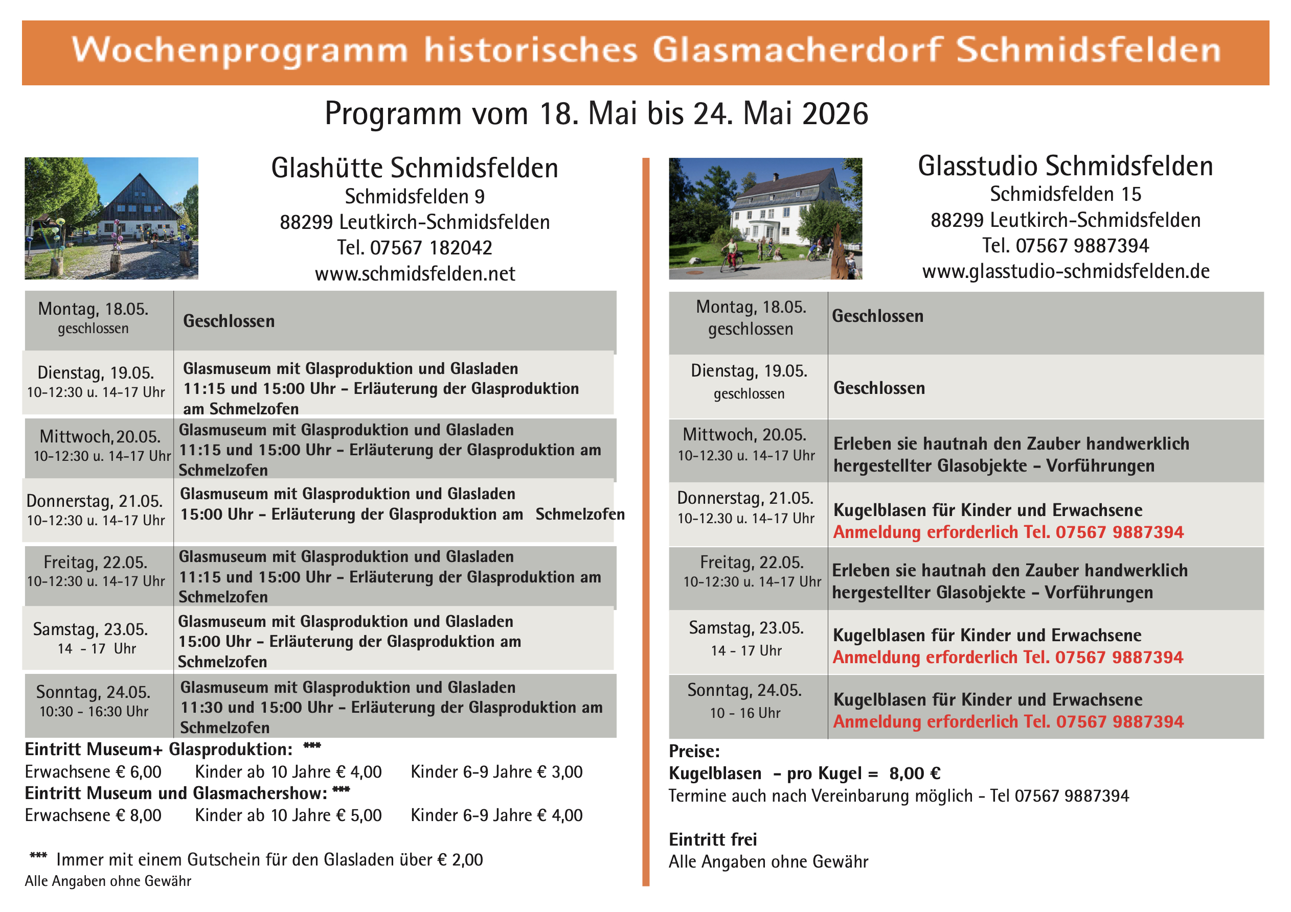 Wochenprogramm Schmidsfelden 18.05. - 24.05.2026