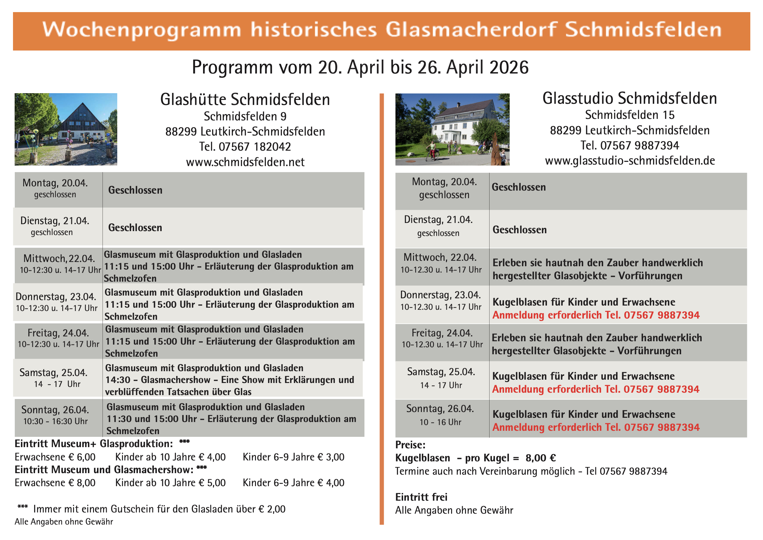 Wochenprogramm Schmidsfelden 20.04. - 26.04.2026