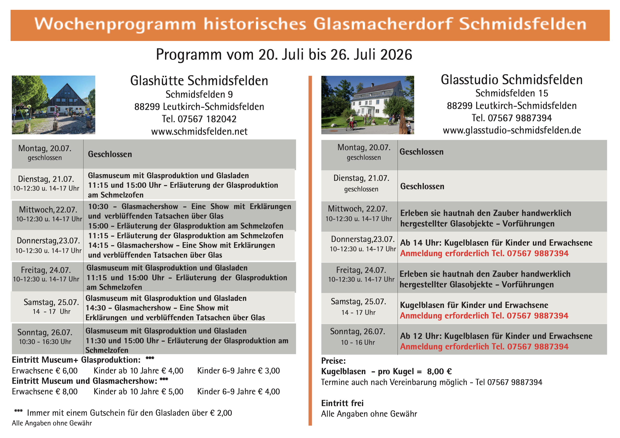 Wochenprogramm Schmidsfelden 20.07. - 26.07.2026