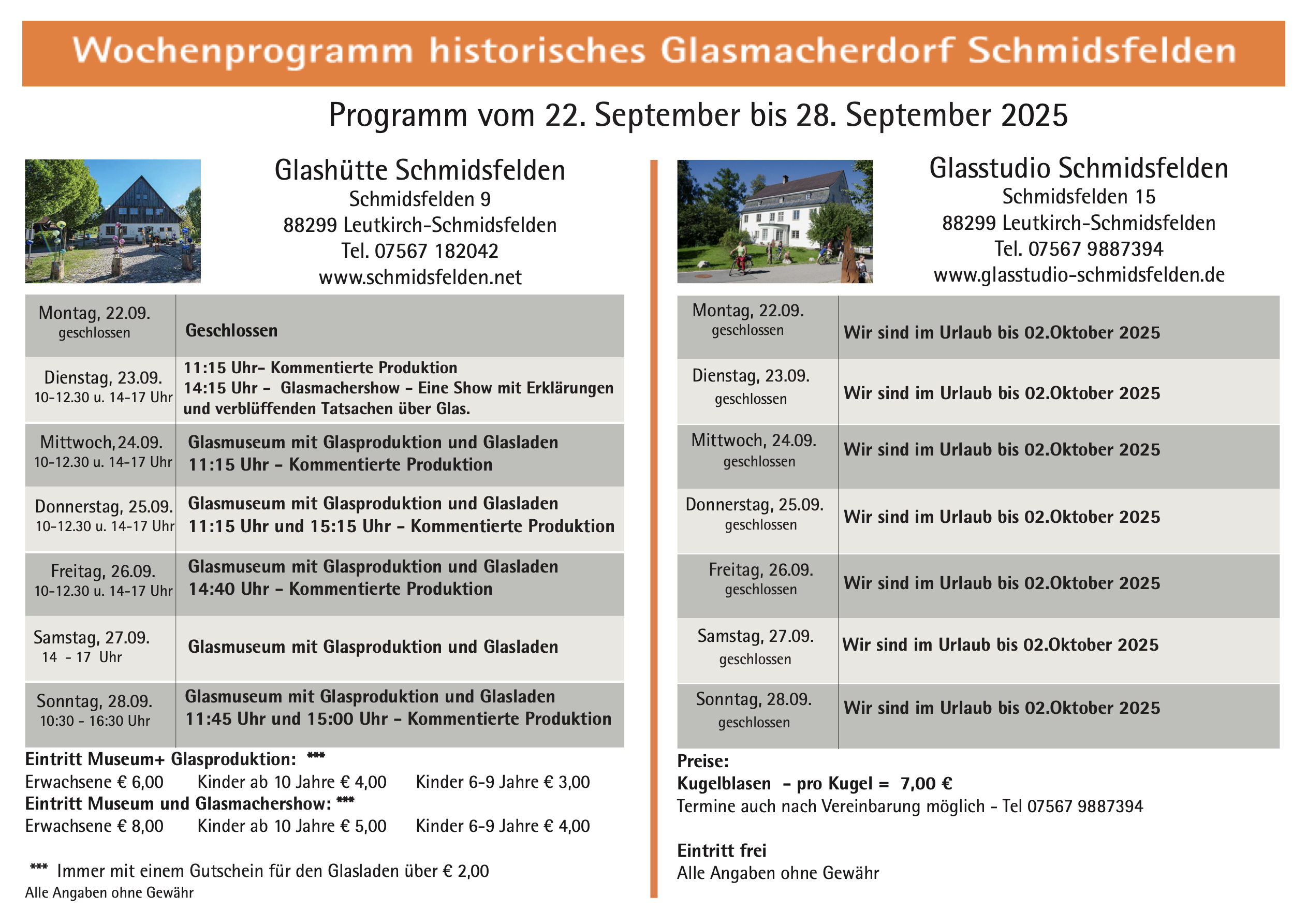 Wochenprogramm Schmidsfelden 22.09 - 28.09.2025