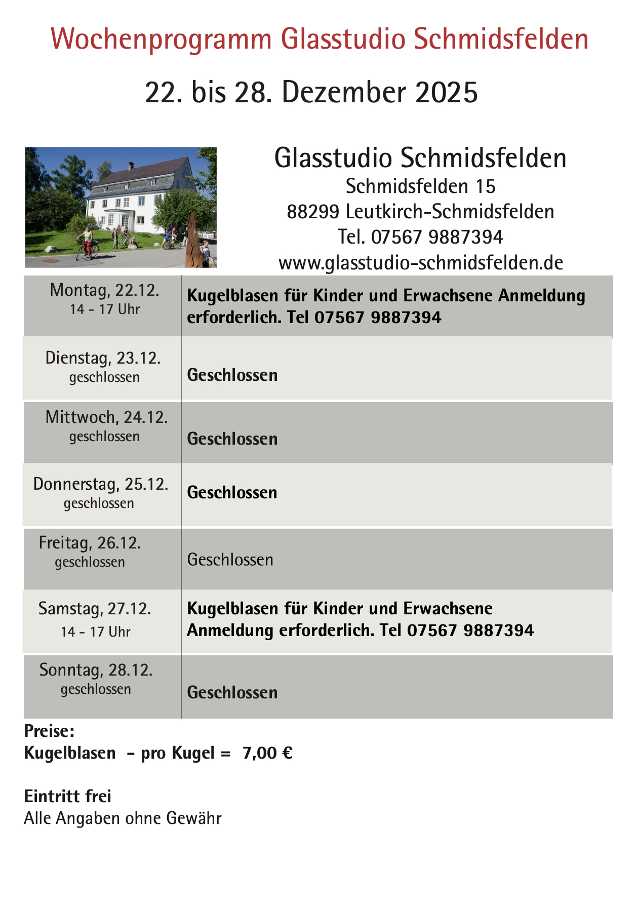 Wochenprogramm Schmidsfelden 22.12. - 28.12.2025