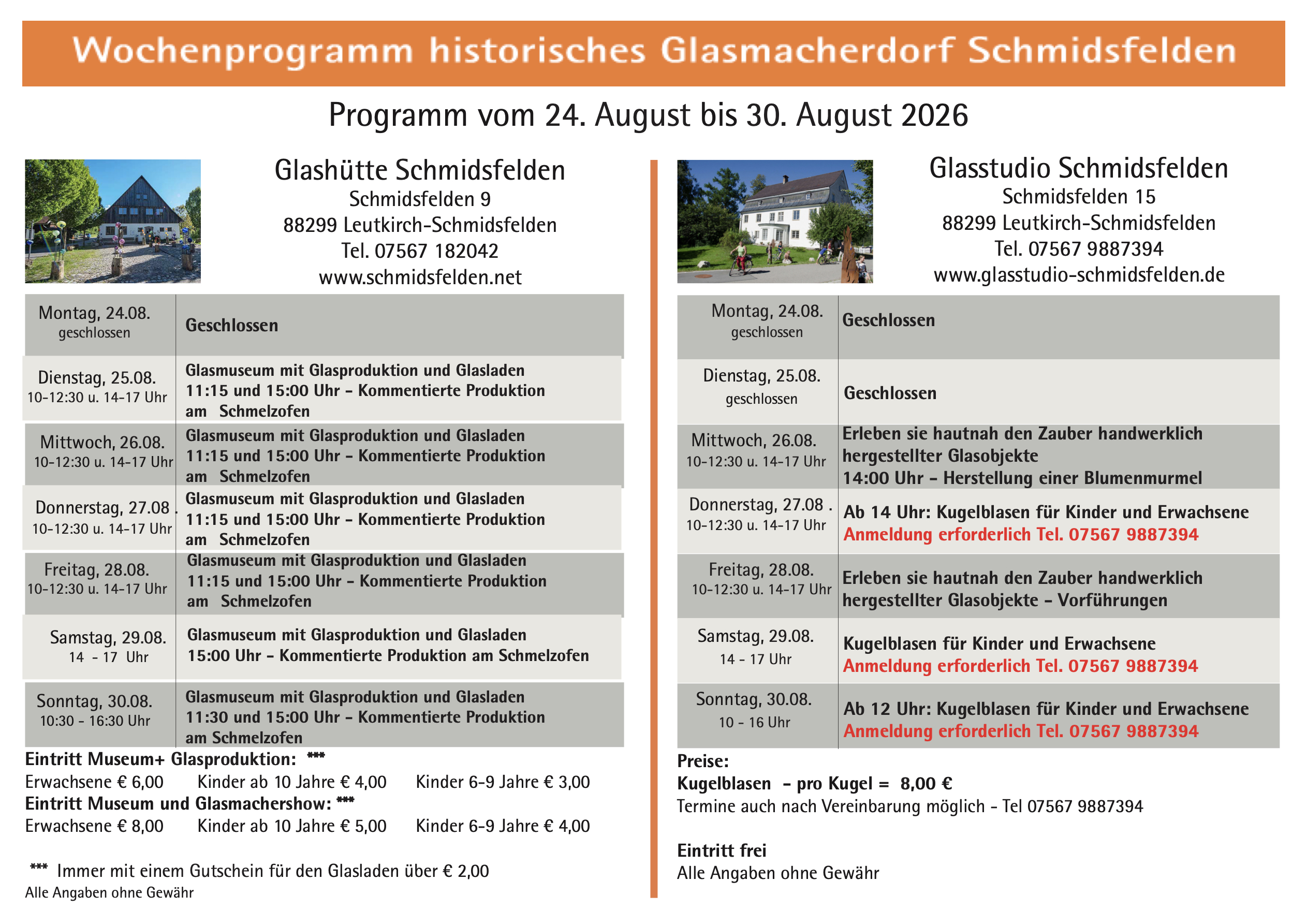 Wochenprogramm Schmidsfelden 24.08. - 30.08.2026