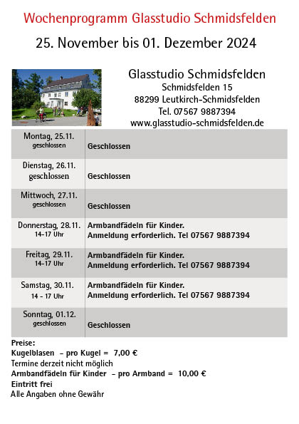 Wochenprogramm Schmidsfelden 25.11. - 01.12.2024