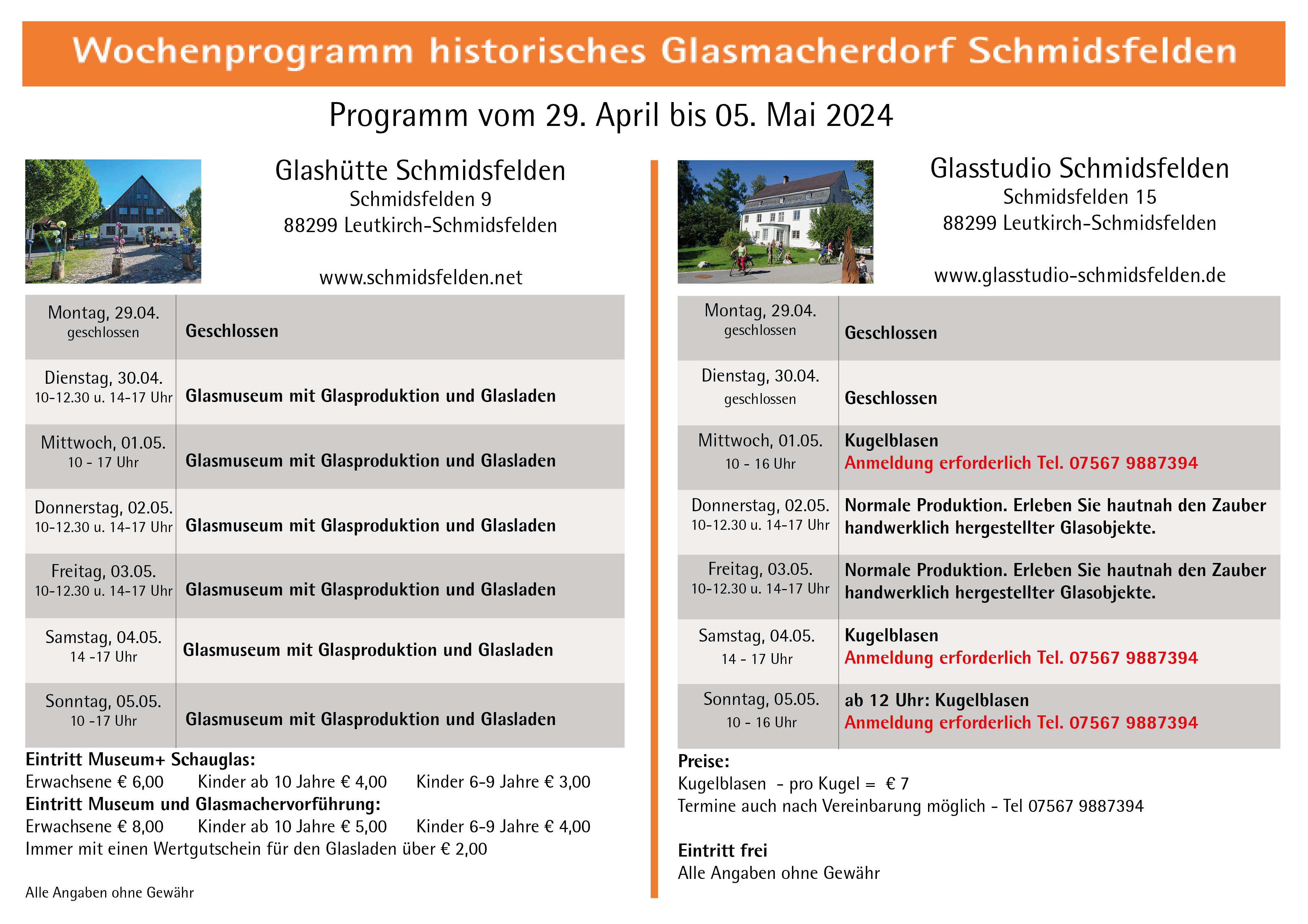 Wochenprogramm Schmidsfelden 29.04. - 05.05.2024