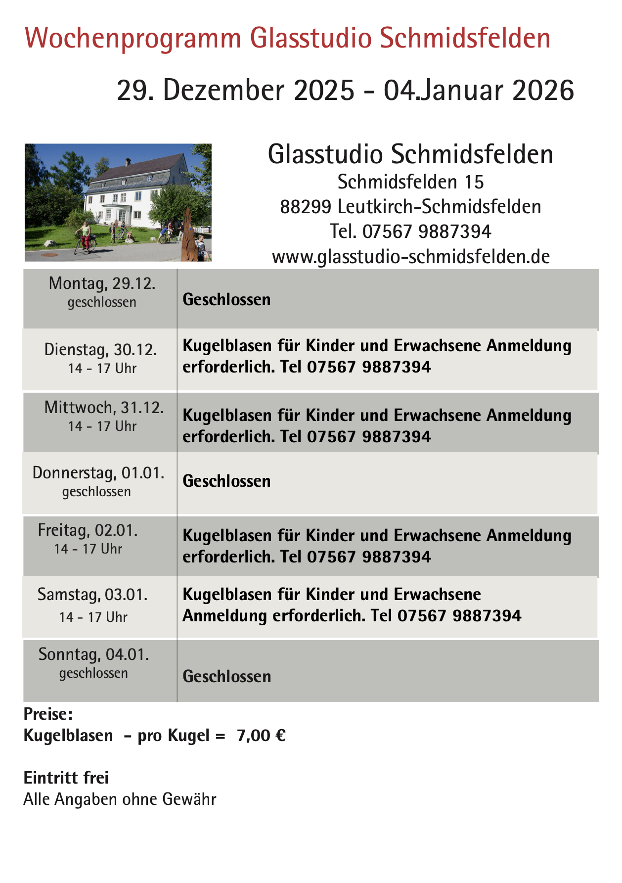 Wochenprogramm Schmidsfelden 29.12. - 04.01.2026