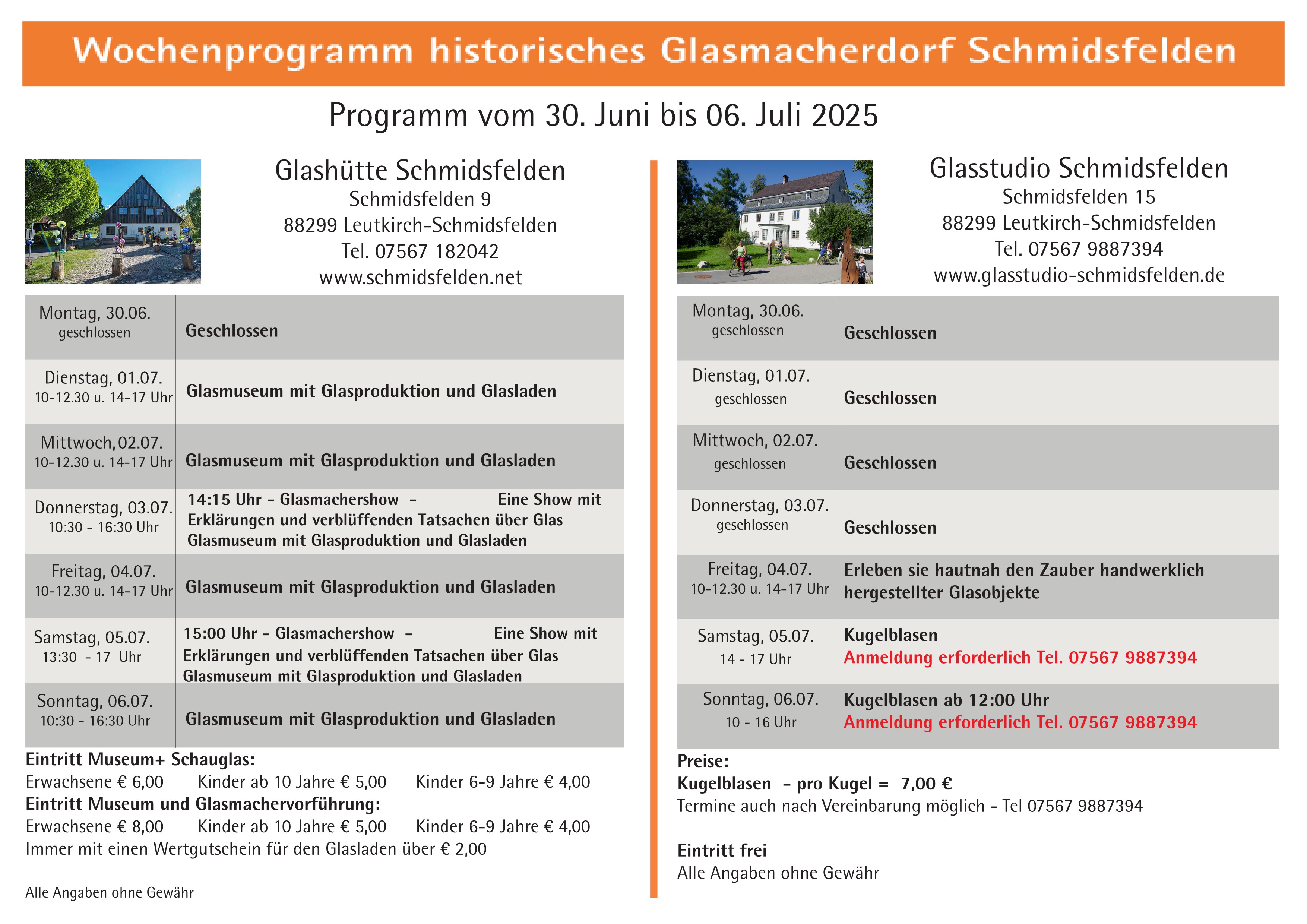 Wochenprogramm Schmidsfelden  30.06. - 06.07.2025